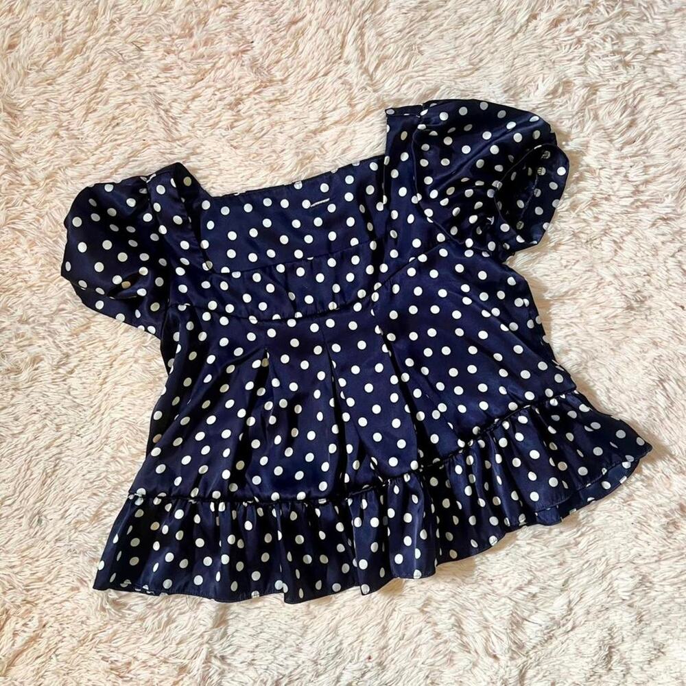 Navy Polka Dot Peplum Goddess Flirty Retro Pinup‎ Babydoll Ruffle Satin Top